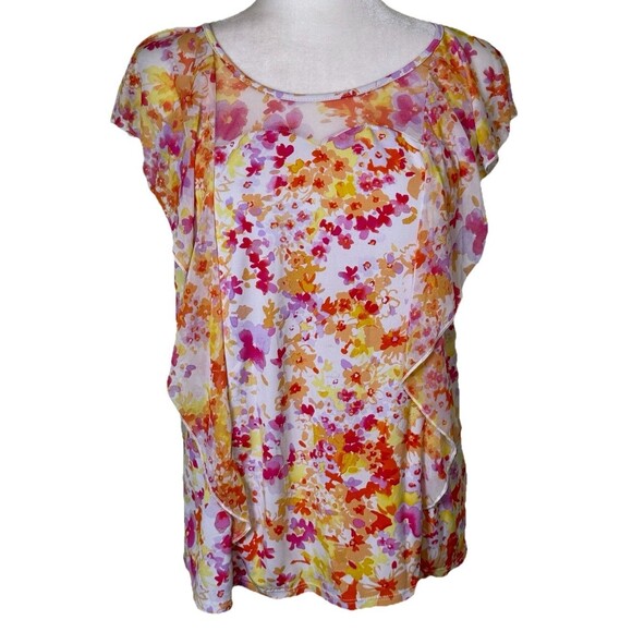 Adele & May Women’s Floral Chiffon Sheer Flutter Sleeve Romantic Summer Top Lg - Picture 1 of 7